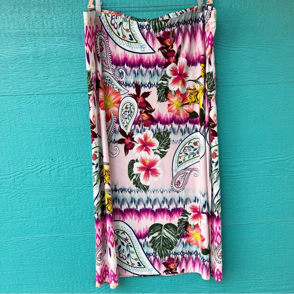 CHICO’S FLOWY TROPICAL FLORAL SUMMER LONG SKIRT ELASTIC WAISTBAND SIZE XXL